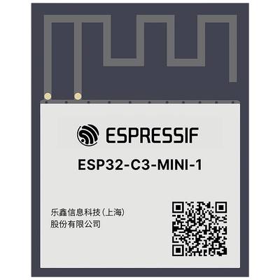 Modulo microcontrollore 'ESP32-C3-MINI-1' di Espressif con WiFi integrato e codice a barre, nome del produttore in caratteri cinesi.