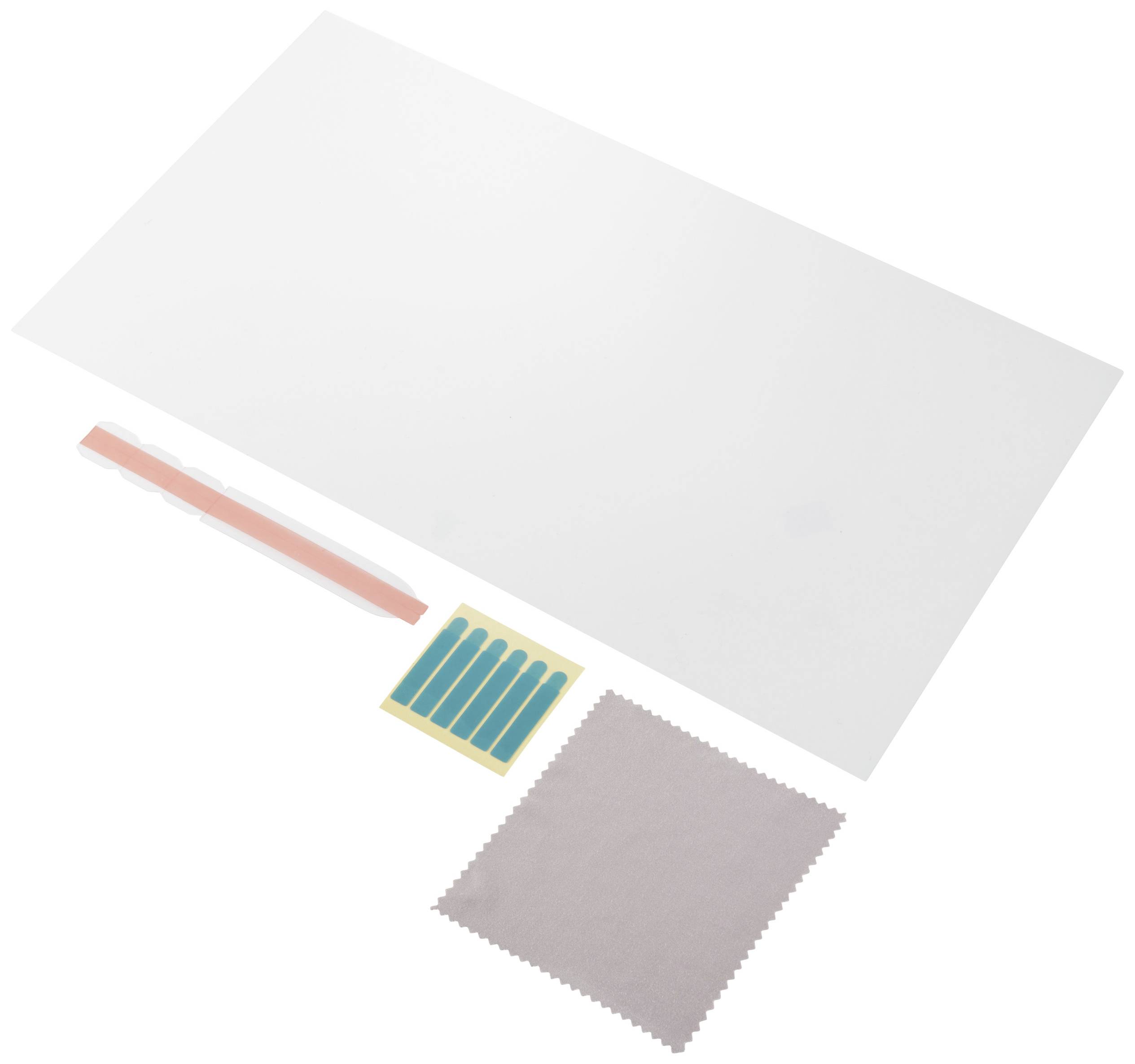 Un panno per la pulizia, diversi strisce blu e una penna rosa sono posizionati su un foglio bianco, probabilmente adesivo.