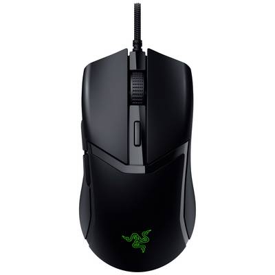 Mouse nera con cavo, con logo verde sul lato anteriore e design ergonomico.