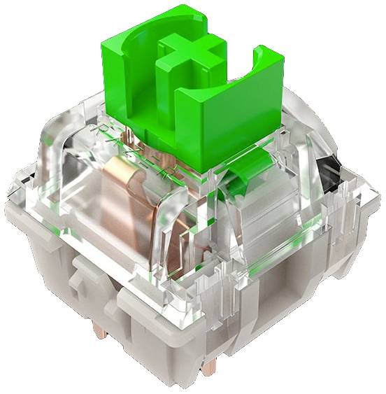 Interruttore meccanico trasparente con croce verde, noto per il feedback tattile, comunemente utilizzato nelle tastiere.