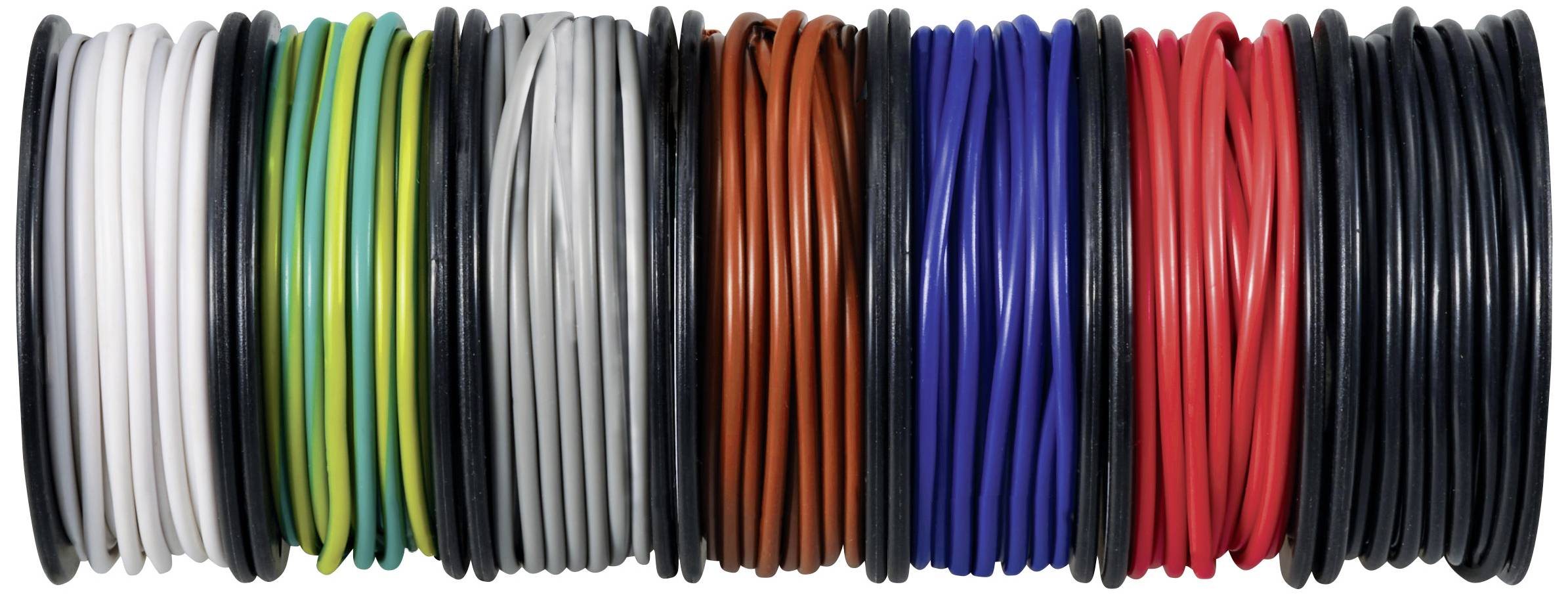 Rulli di cavi multicolori affiancati, ordinati per colore: Bianco, Giallo, Verde, Grigio, Arancione, Blu, Rosso e Nero.