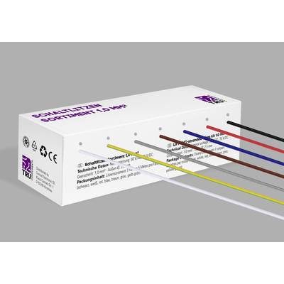 Scatola di imballaggio bianca con otto cavi colorati sul lato destro. Stampa 'Assortimento di cavi elettrici 1,0 mm²'.