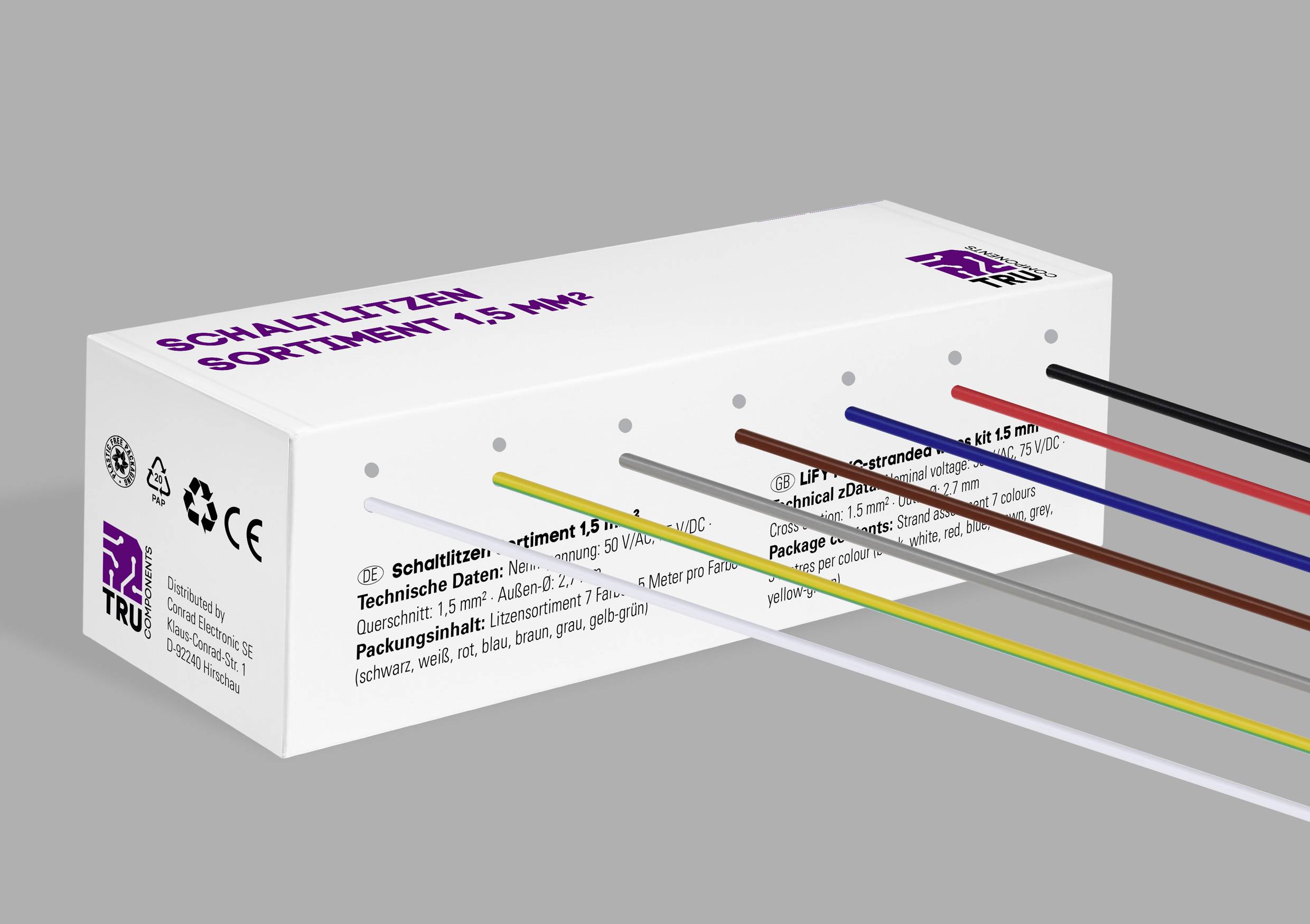 Un'confezione di guaine termorestringenti in diversi colori: Nero, Marrone, Rosso, Blu, Grigio. Testo: 'Assortimento di guaine termorestringenti 1,5 mm²'.