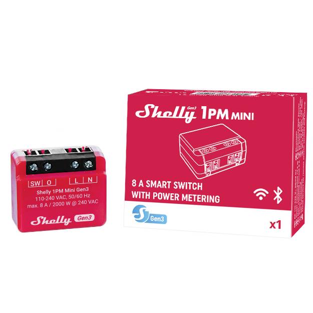 'Shelly 1PM Mini Gen3' Interruttore Smart e confezione con design rosso e testo bianco. Etichetta: '8 A Interruttore Smart con Misurazione dell'Energia'.