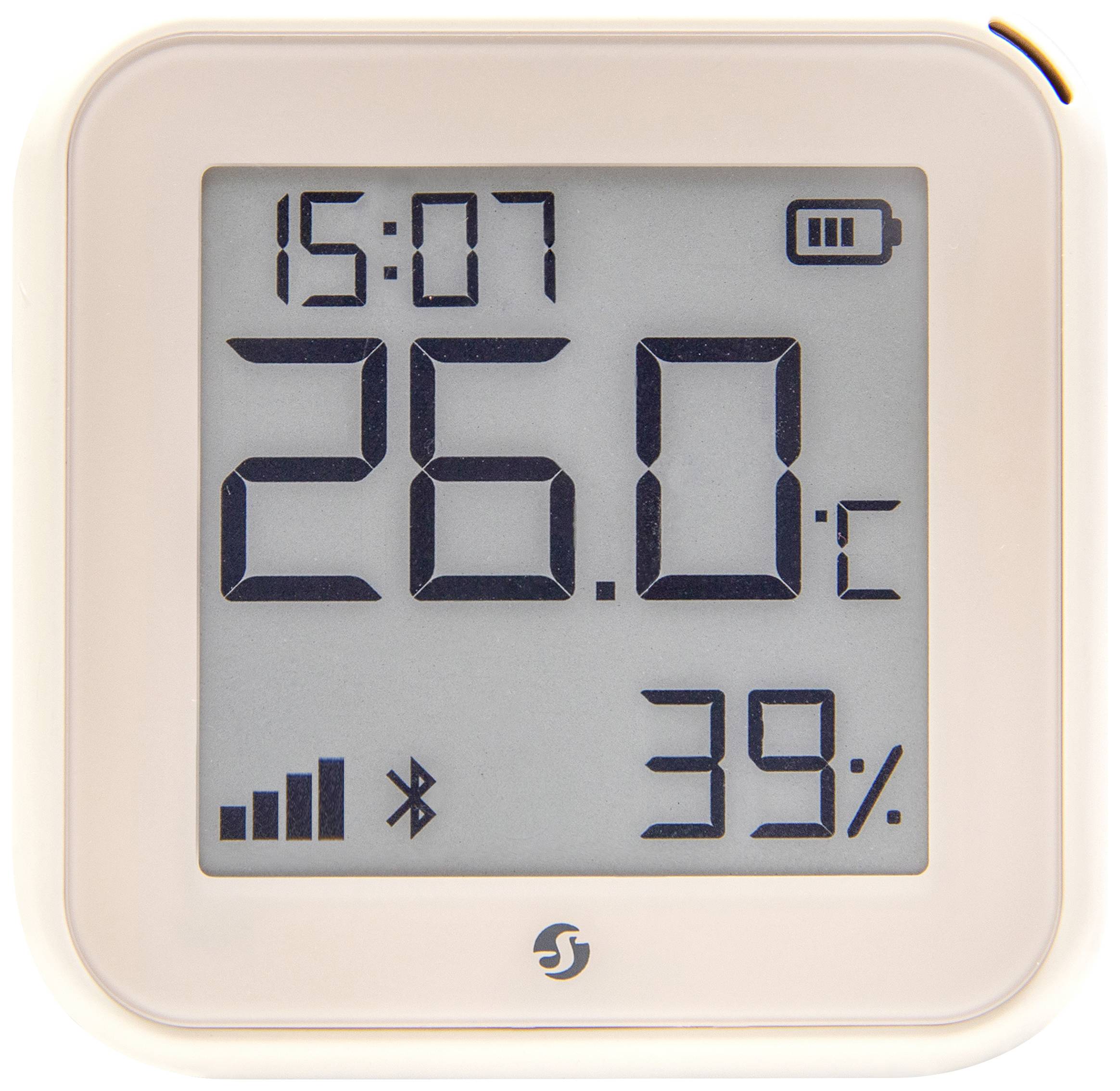 Termometro-igrometro digitale mostra 26°C e 39% di umidità. In alto a sinistra l'ora 15:07, a destra l'indicatore della batteria.