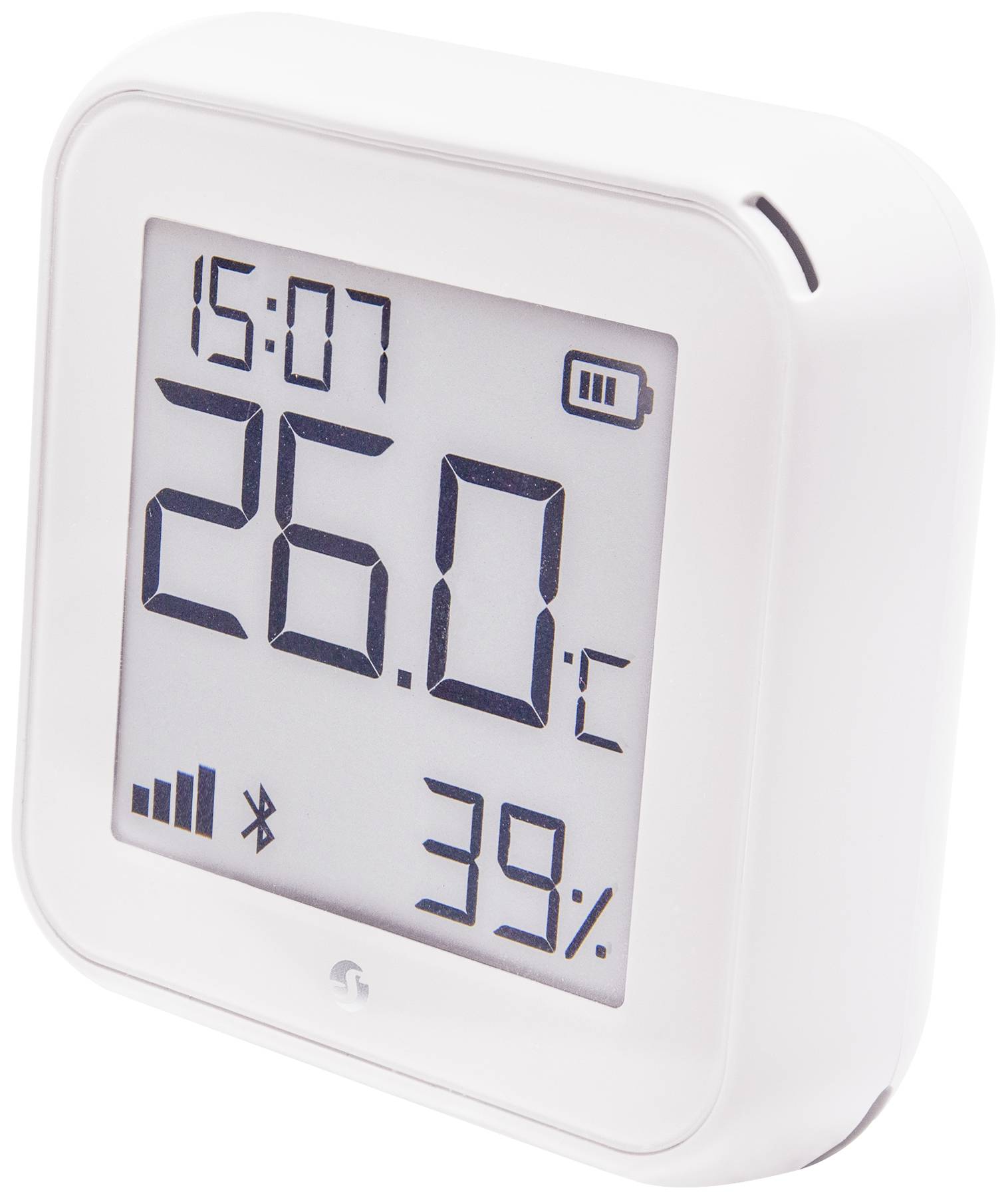 Termometro-igrometro digitale con display: Indica 26,0°C e 39% di umidità. Stato della batteria e simbolo Bluetooth visibili.