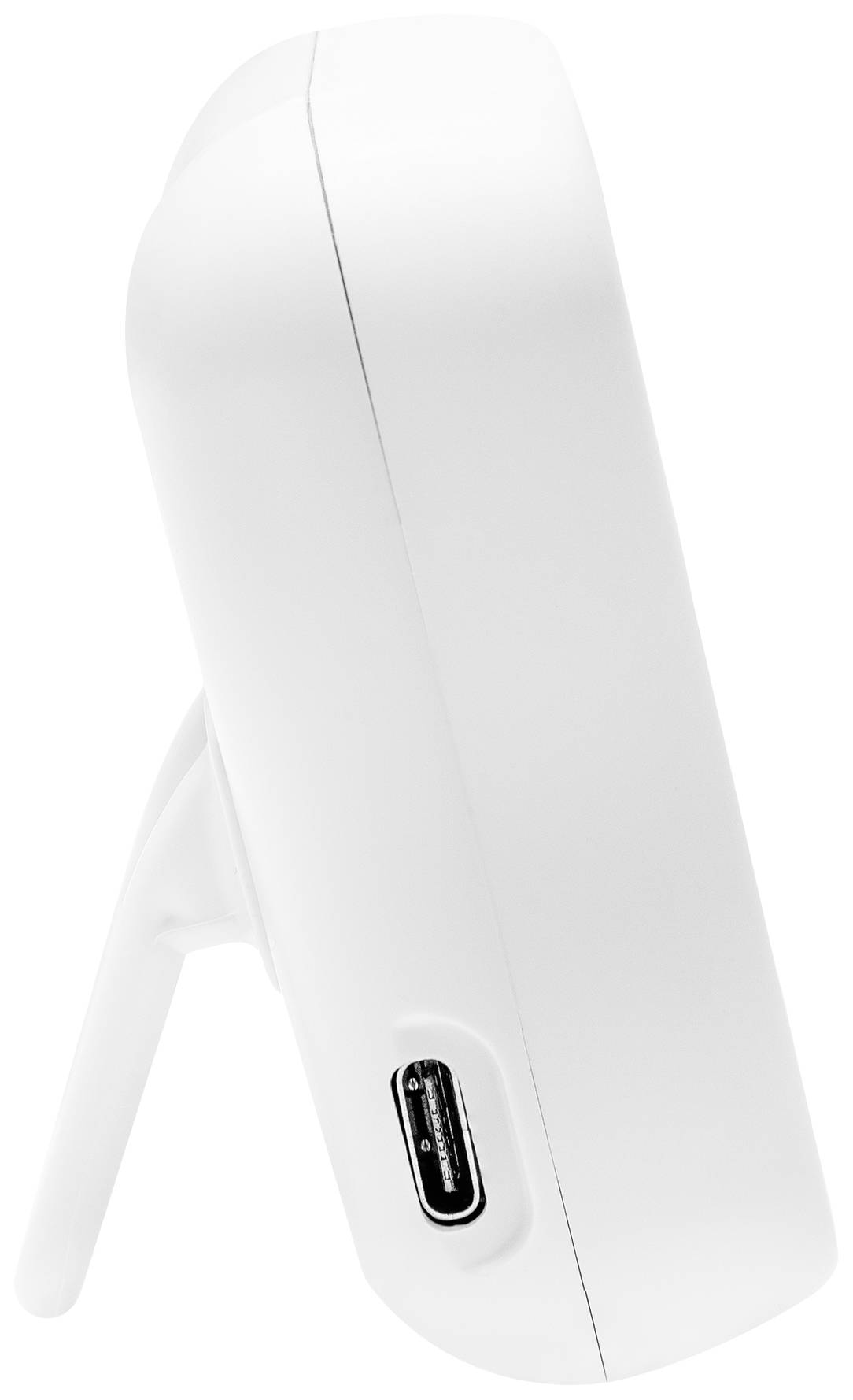 Vista laterale di un dispositivo elettronico bianco con porta USB e supporto pieghevole.