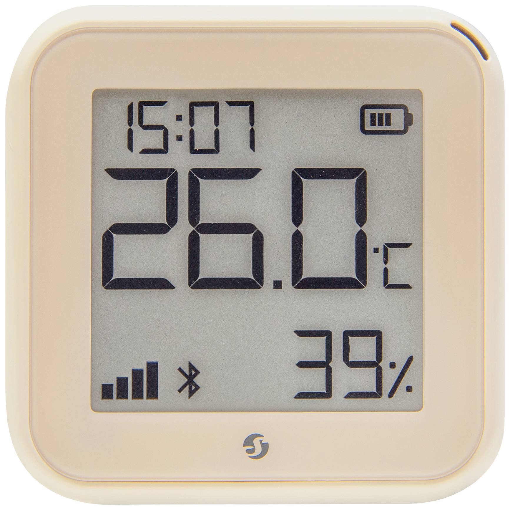 Termometro digitale indica 26,0°C. Ora 15:07, stato della batteria rappresentato con icona. Icona Bluetooth e intensità del segnale visibili.