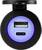 Un caricabatterie con due porte: USB-A e USB-C. Ha un anello luminoso blu intorno alle porte.