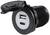 Un caricabatterie USB nero e cilindrico con una porta USB-A e una porta USB-C, con un coperchio aperto.