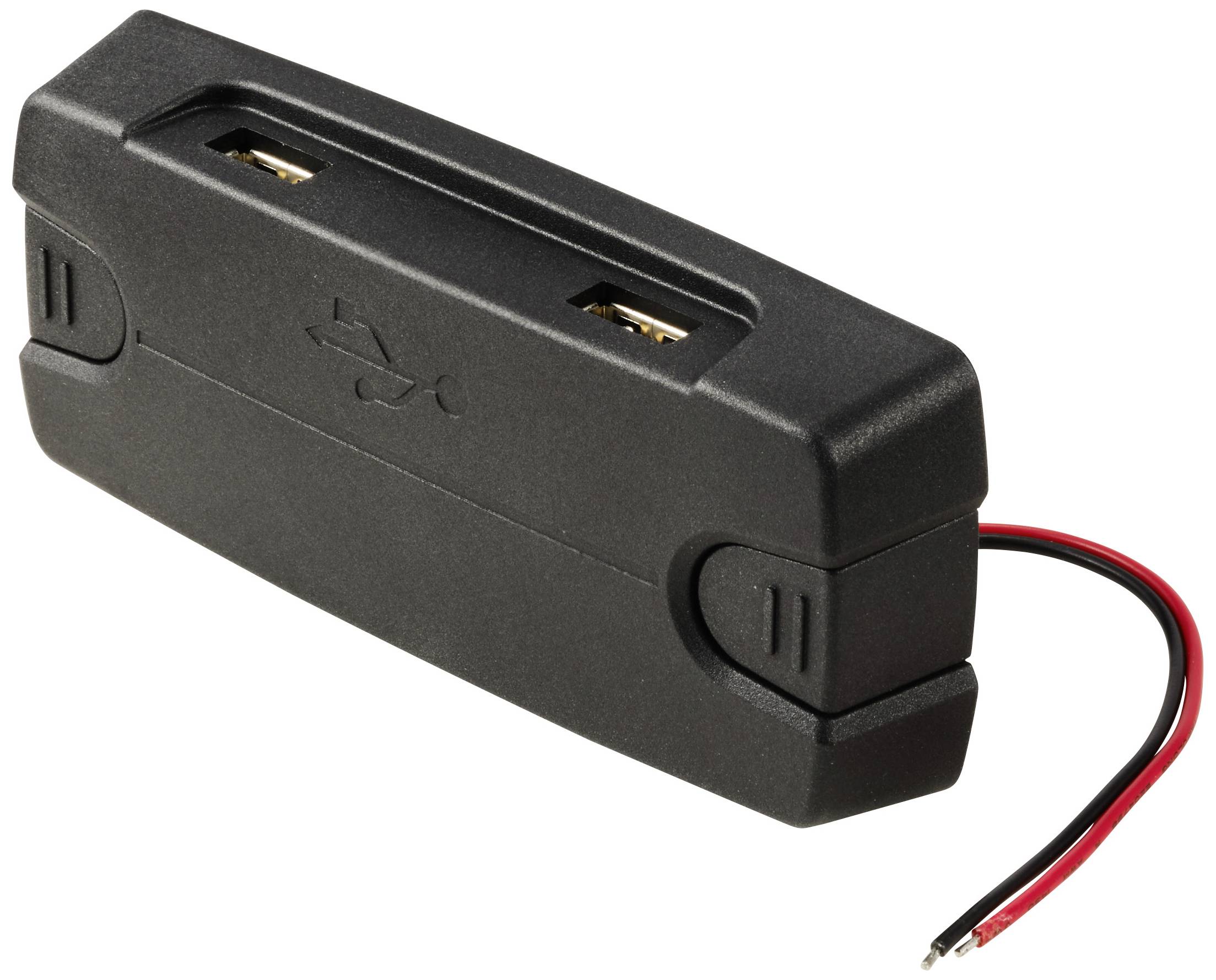 Supporto batteria nero con due porte USB e due cavi sporgenti, uno rosso e uno nero.