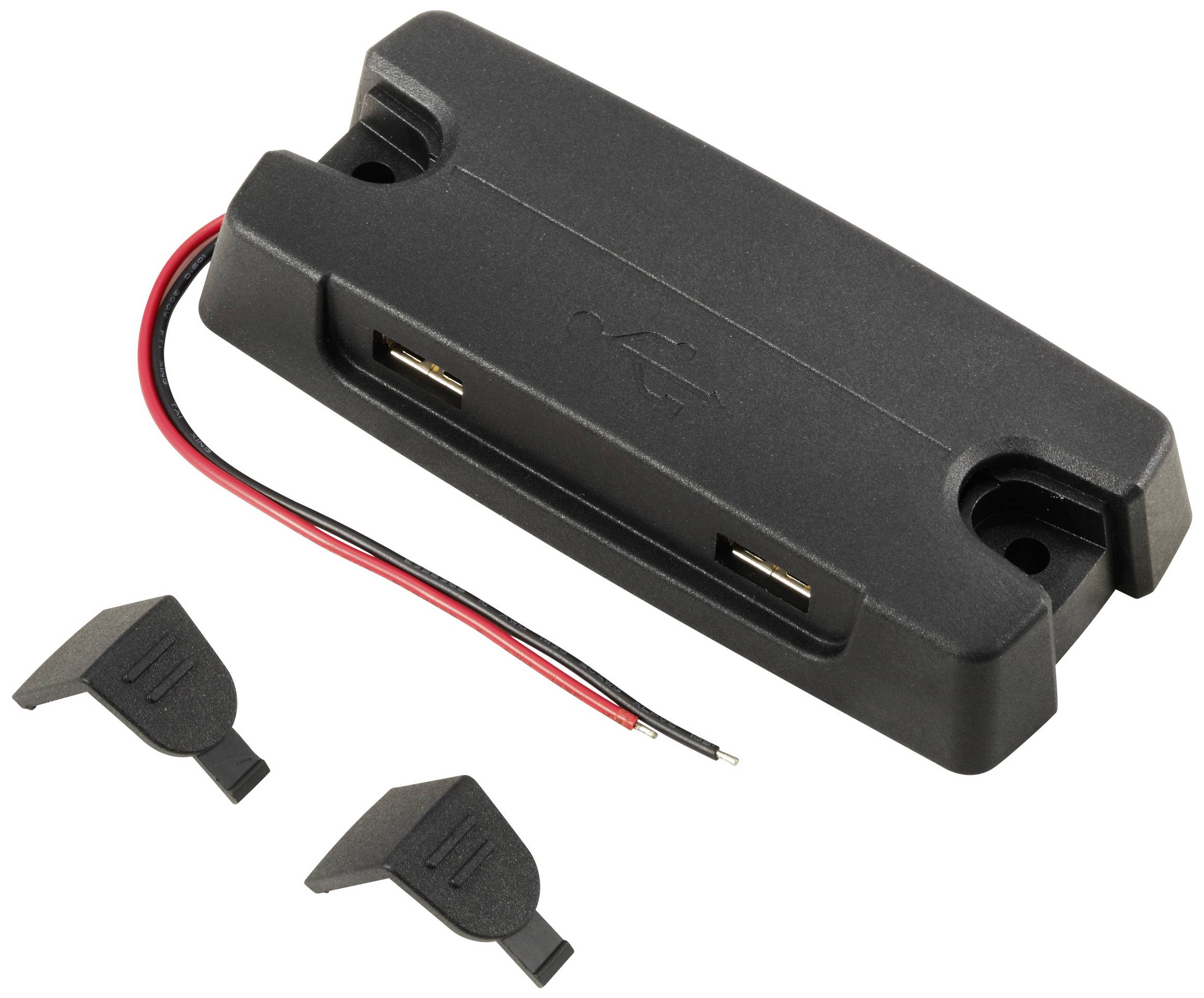 Un connettore USB nero con cavi e due coperture, idoneo per l'installazione in dispositivi o involucri.