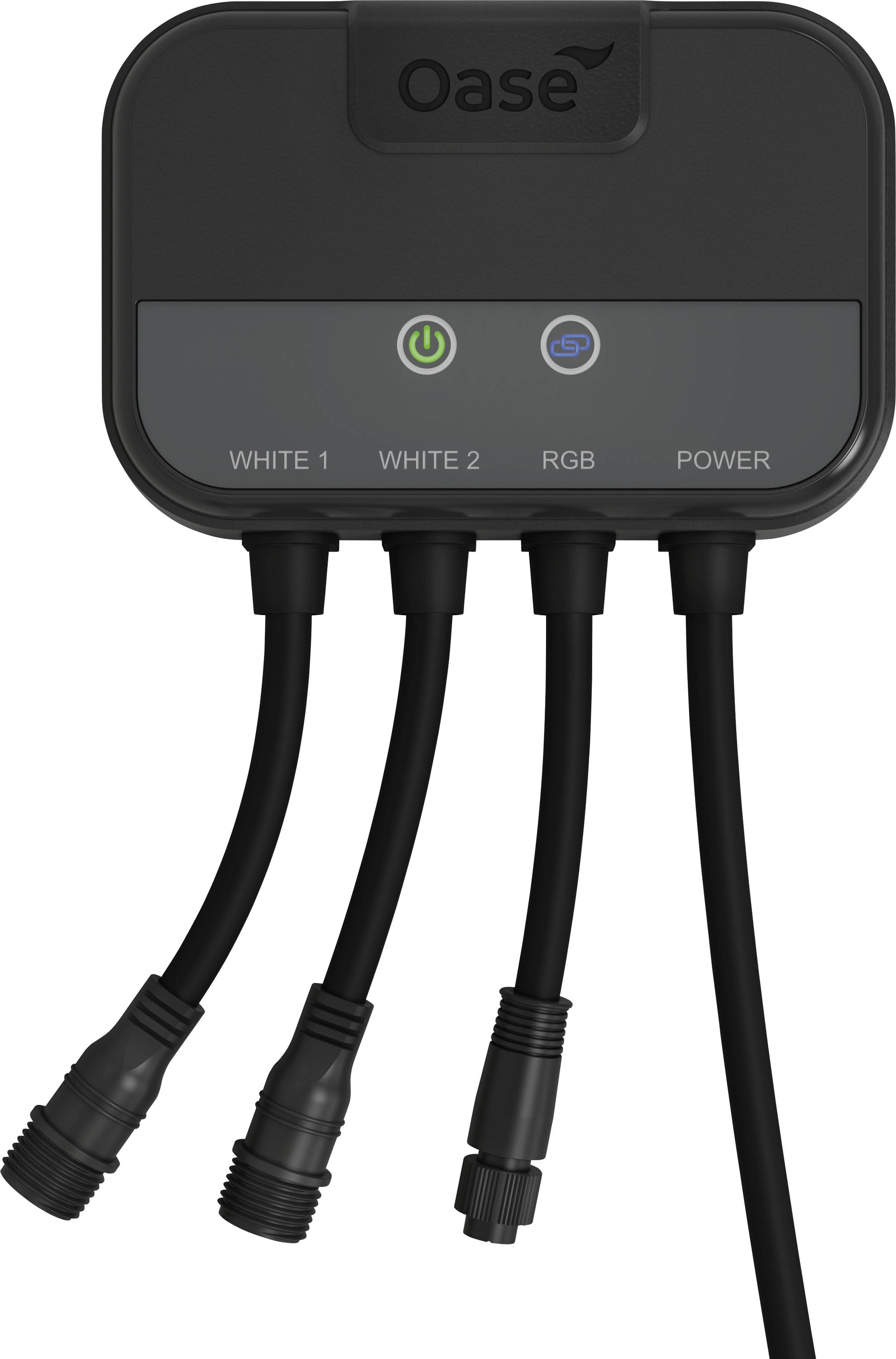 Controller elettrico a marchio 'Oase' con pulsante di accensione, indicatore Wi-Fi e quattro porte di uscita etichettate 'White 1', 'White 2', 'RGB' e 'Power'.