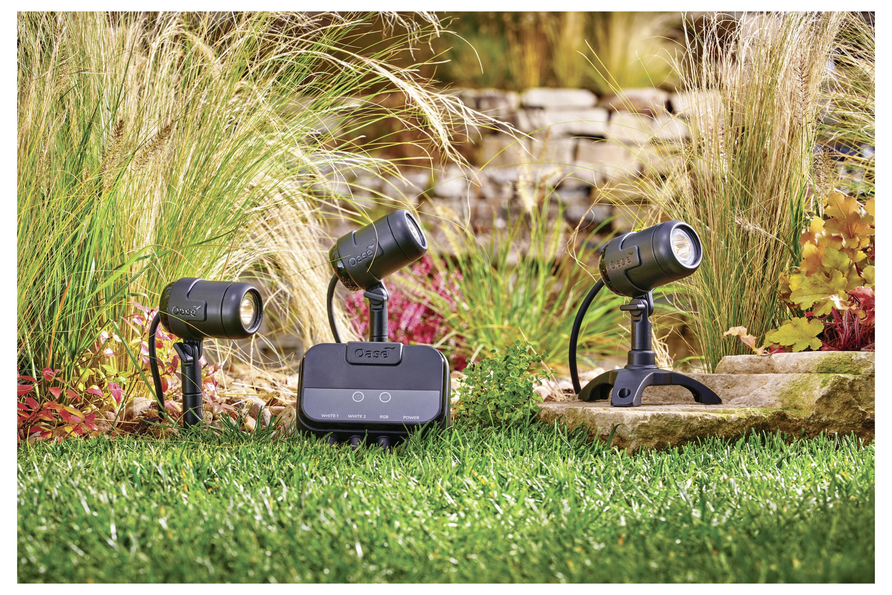 'Luci da esterno intelligenti e controller sull'erba, circondati da piante e pietre, che mostrano un'installazione di illuminazione da giardino.'