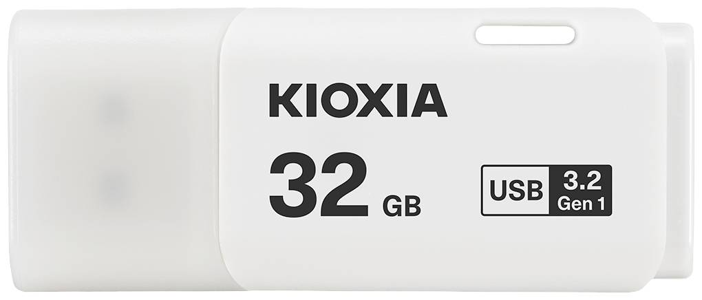 Una chiavetta USB bianca KIOXIA con una capacità di memoria di 32 GB e contrassegnata 'USB 3.2 Gen 1'.
