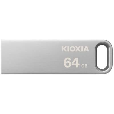 Una chiavetta USB d'argento con la scritta 'Kioxia 64 GB'.