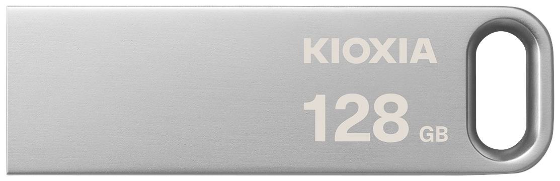 Chiavetta USB in metallo con la scritta 'KIOXIA 128 GB' in caratteri bianchi.