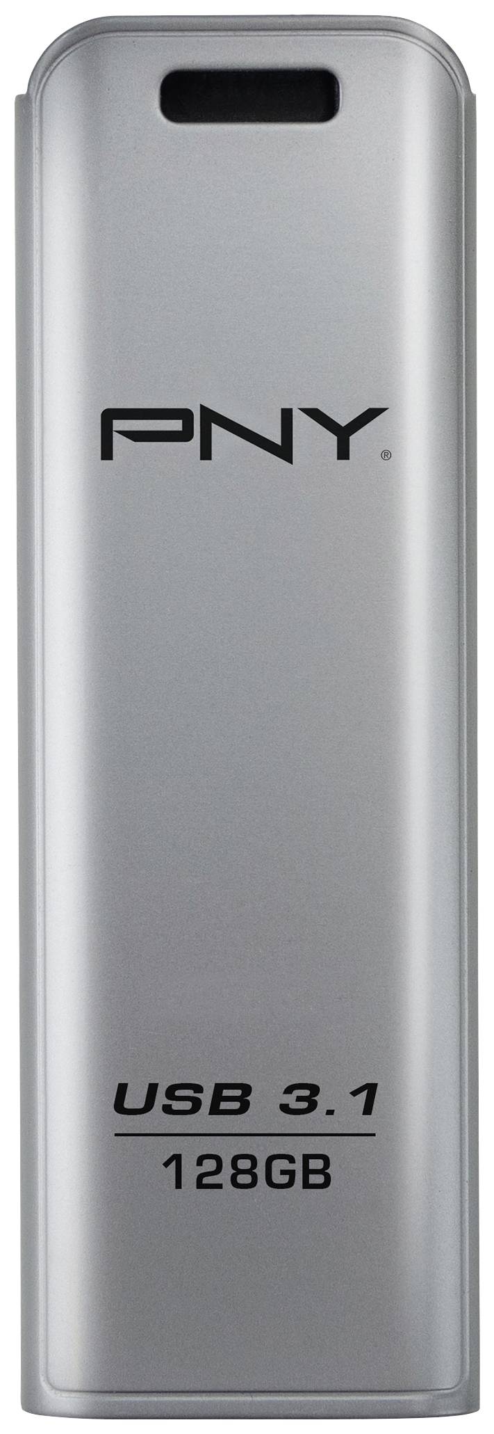 Una chiavetta USB 3.1 PNY in argento da 128 GB.