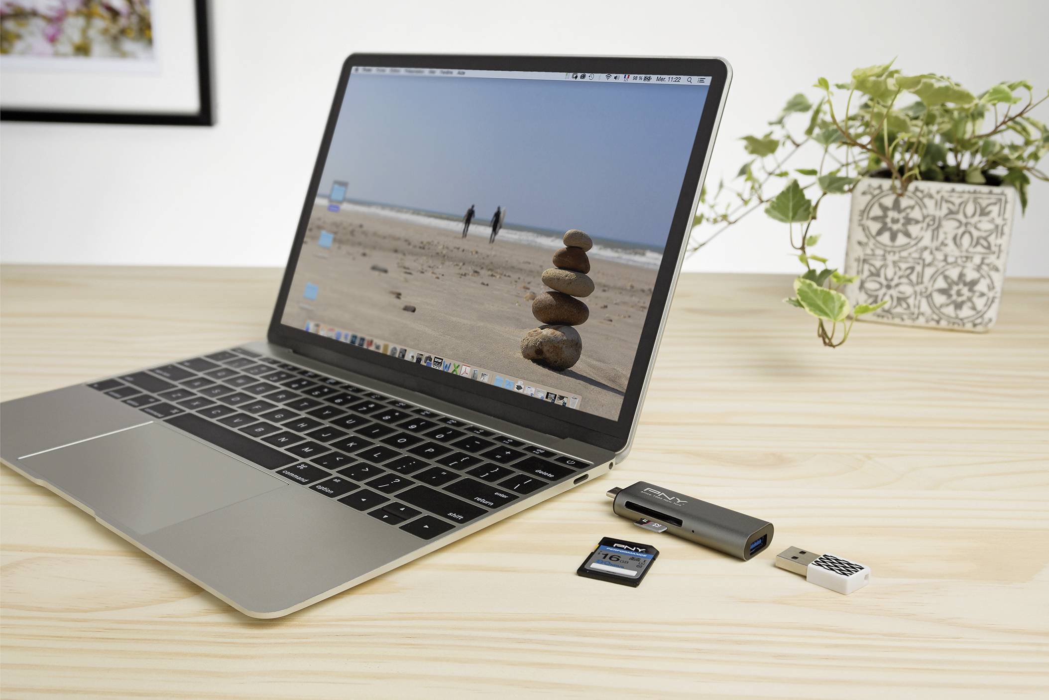 Un laptop aperto su un tavolo mostra un'immagine di spiaggia. Accanto ci sono un lettore di schede, una scheda di memoria e una chiavetta USB. Una pianta sullo sfondo.