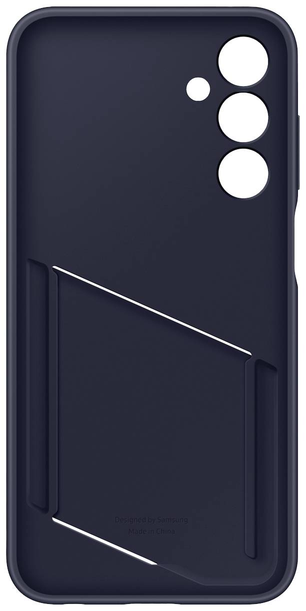 Custodia per smartphone blu scuro con linee diagonali e quattro fori per fotocamere. Design essenziale per protezione e stile.