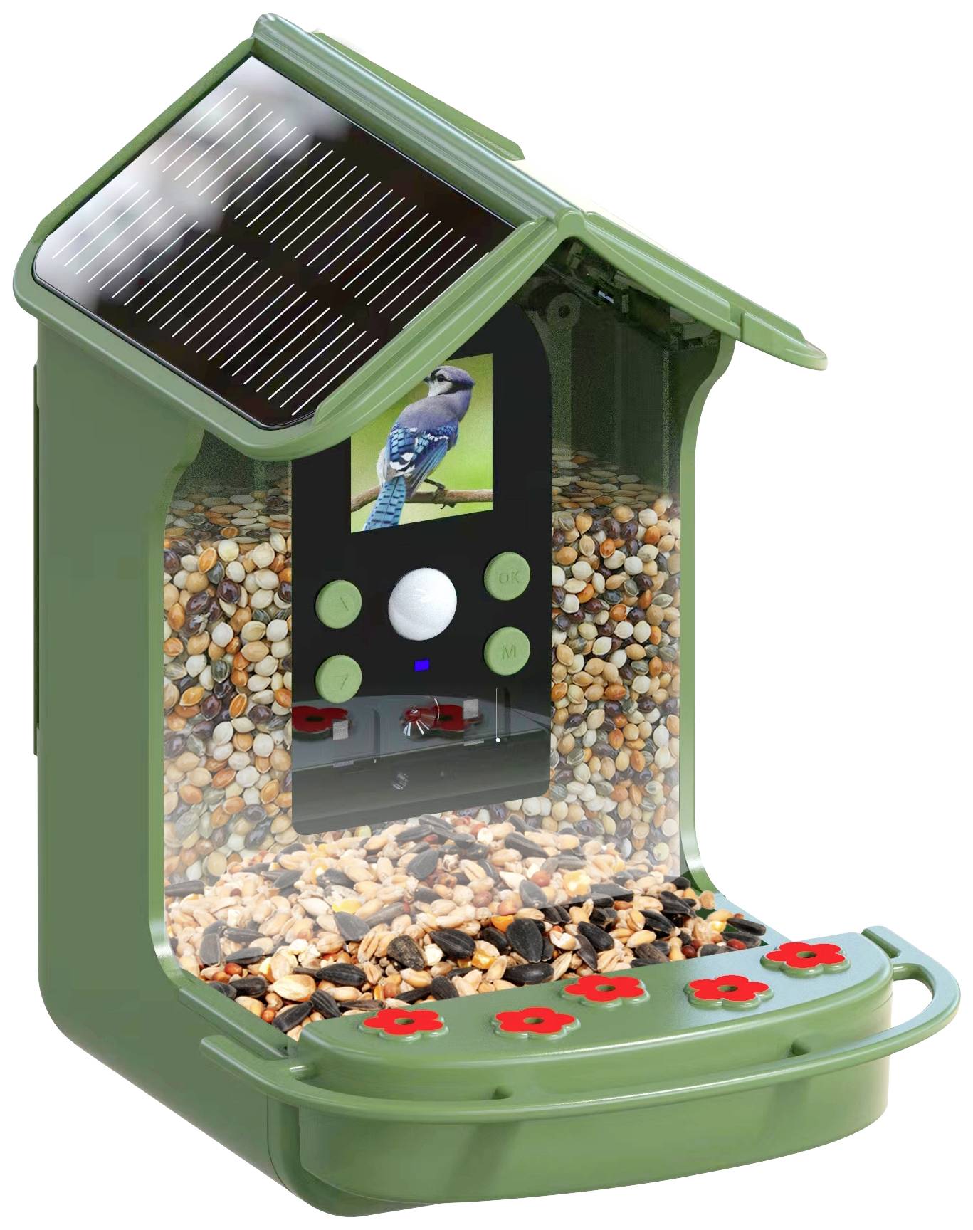 Distributore automatico di cibo per uccelli verde con pannello solare e schermo che mostra la foto di un uccello. Contiene diversi tipi di semi.