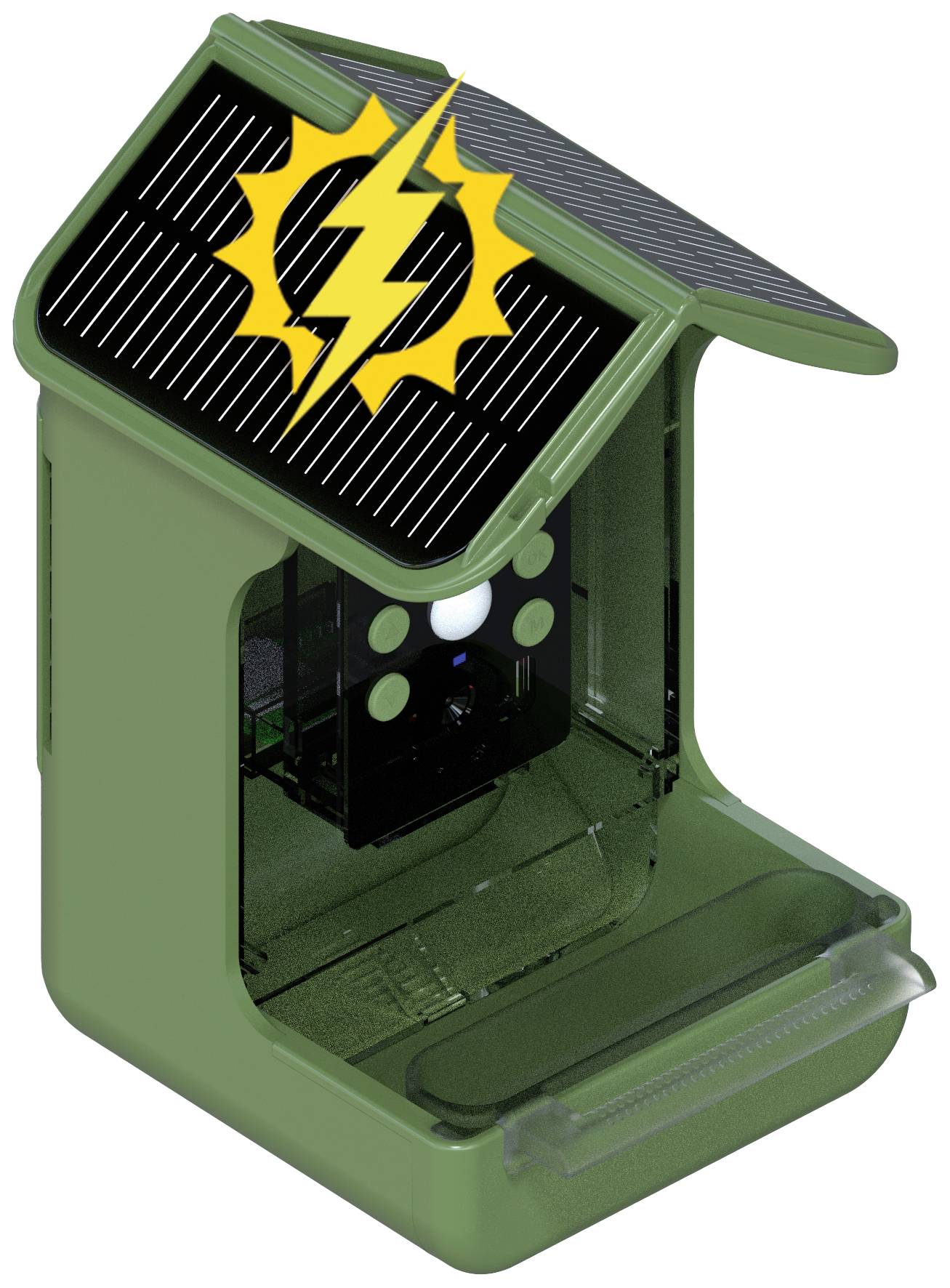 Mini stazione di ricarica solare con pannello solare e logo a simbolo di fulmine sul tetto, verde, che si apre anteriormente. Soluzione elettronica a risparmio energetico.