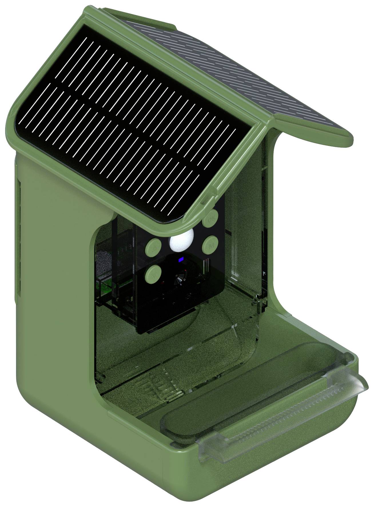 Dispositivo verde con pannello solare integrato in alto, spazio interno aperto e display elettronico.