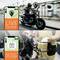 'Tracking' mostra una moto sullo schermo di un cellulare accanto a un motociclista. 'Battery Voltage' mostra un'analisi della batteria.
