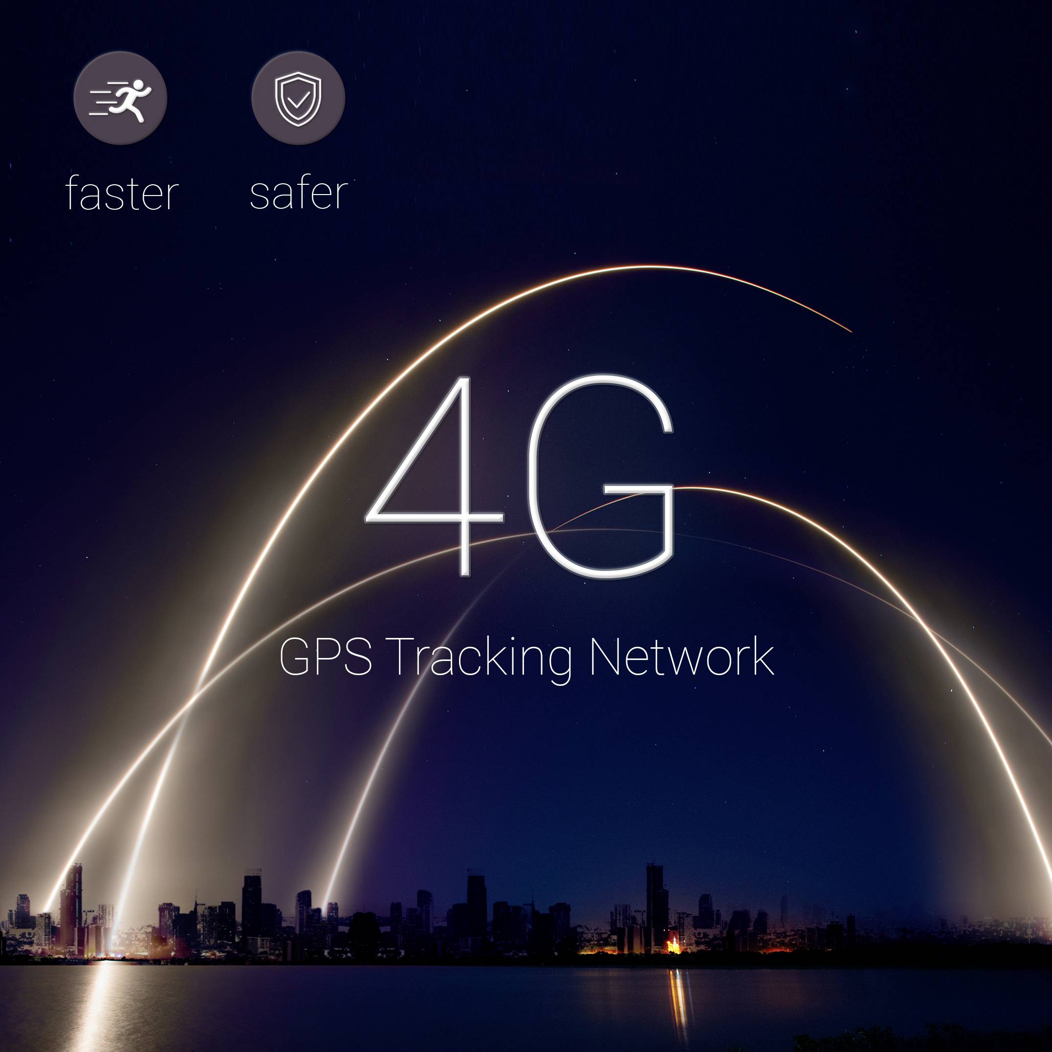 Grafica di rete 4G con i termini 'più veloce' e 'più sicuro'. Il tracciamento GPS è evidenziato per migliorare velocità e sicurezza. Skyline sullo sfondo.