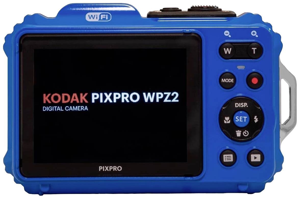 Retro di una fotocamera digitale blu con display acceso. Testo sullo schermo: 'Fotocamera digitale Kodak Pixpro WPZ2'. Include pulsanti di controllo.
