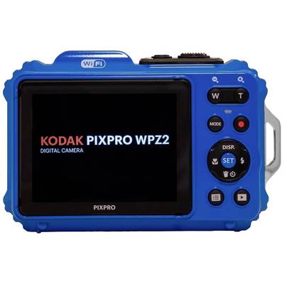 Retro di una fotocamera digitale blu con display acceso. Testo sullo schermo: 'Fotocamera digitale Kodak Pixpro WPZ2'. Include pulsanti di controllo.