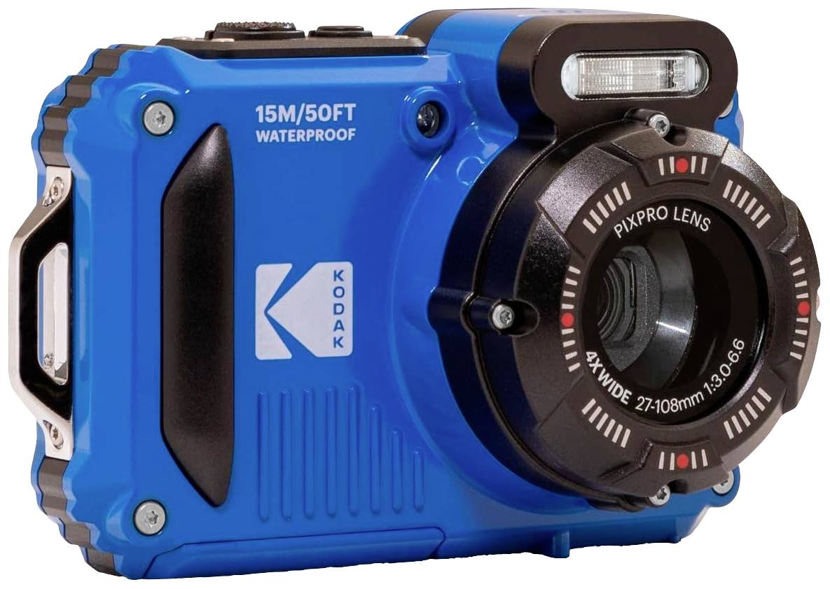 Fotocamera blu impermeabile con la scritta '15M/50FT Waterproof'. È dotata di un obiettivo Pixpro e del logo Kodak.