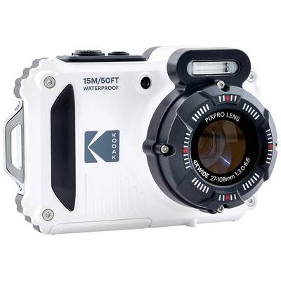 Fotocamera digitale impermeabile in bianco, marca Kodak, con obiettivo zoom e flash, adatta fino a 15 metri di profondità.