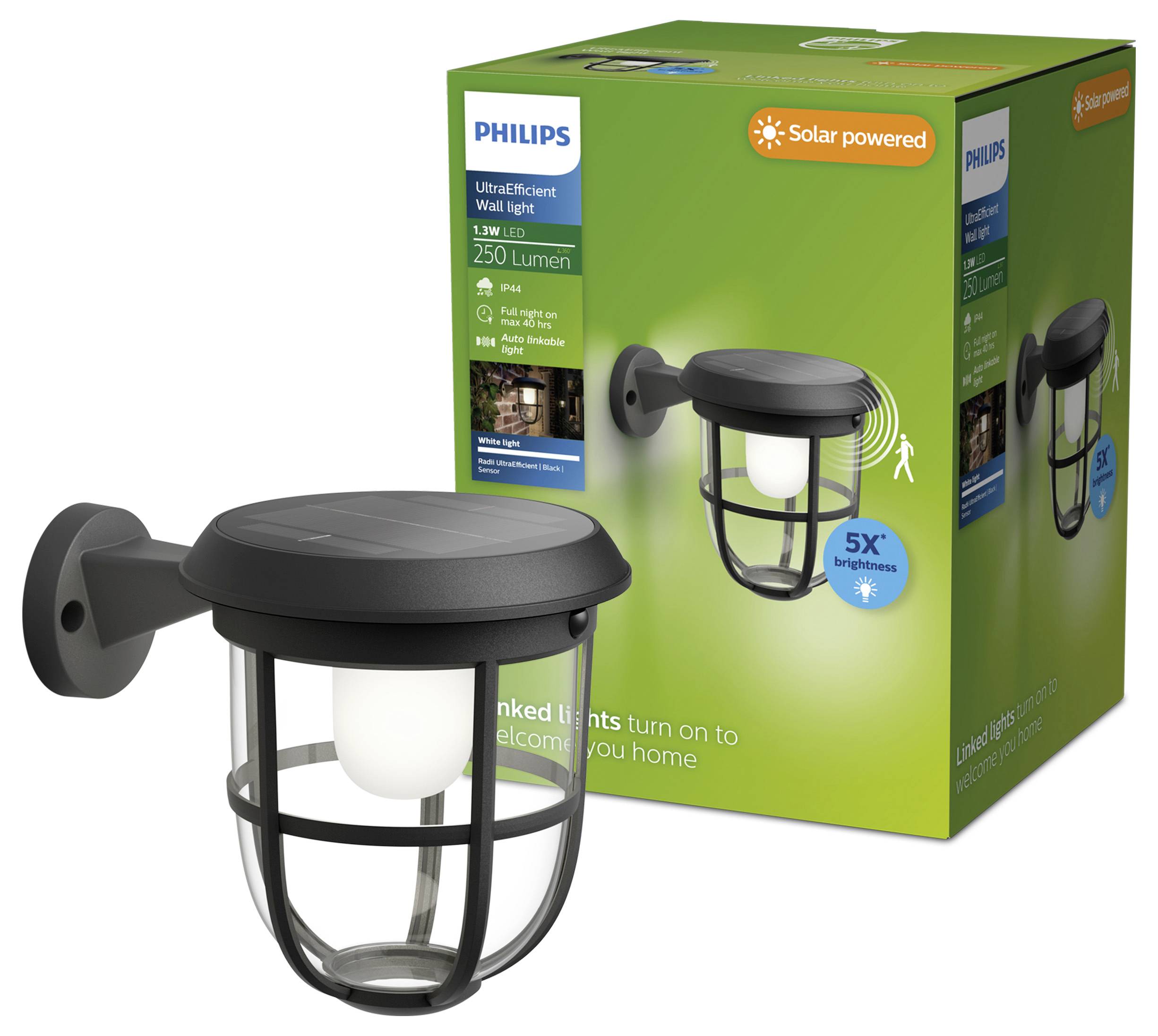 Faretto da parete Philips a energia solare UltraEfficient, nero, con confezione in scatola che riporta "250 Lumen" e "5X luminosità".