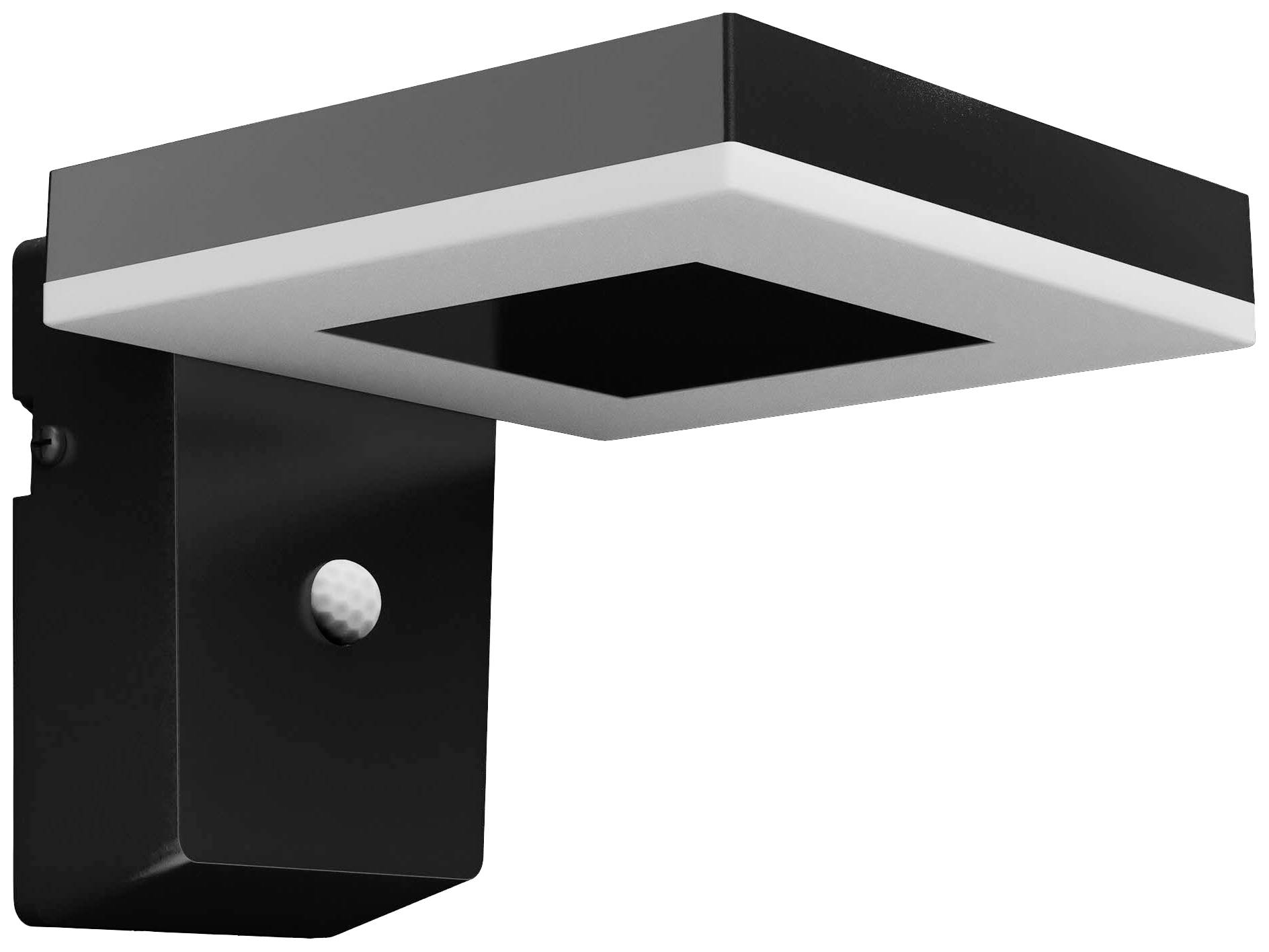 Una moderna applique da esterno nera con striscia luminosa LED bianca e sensore di movimento integrato, montata su una staffa a parete.