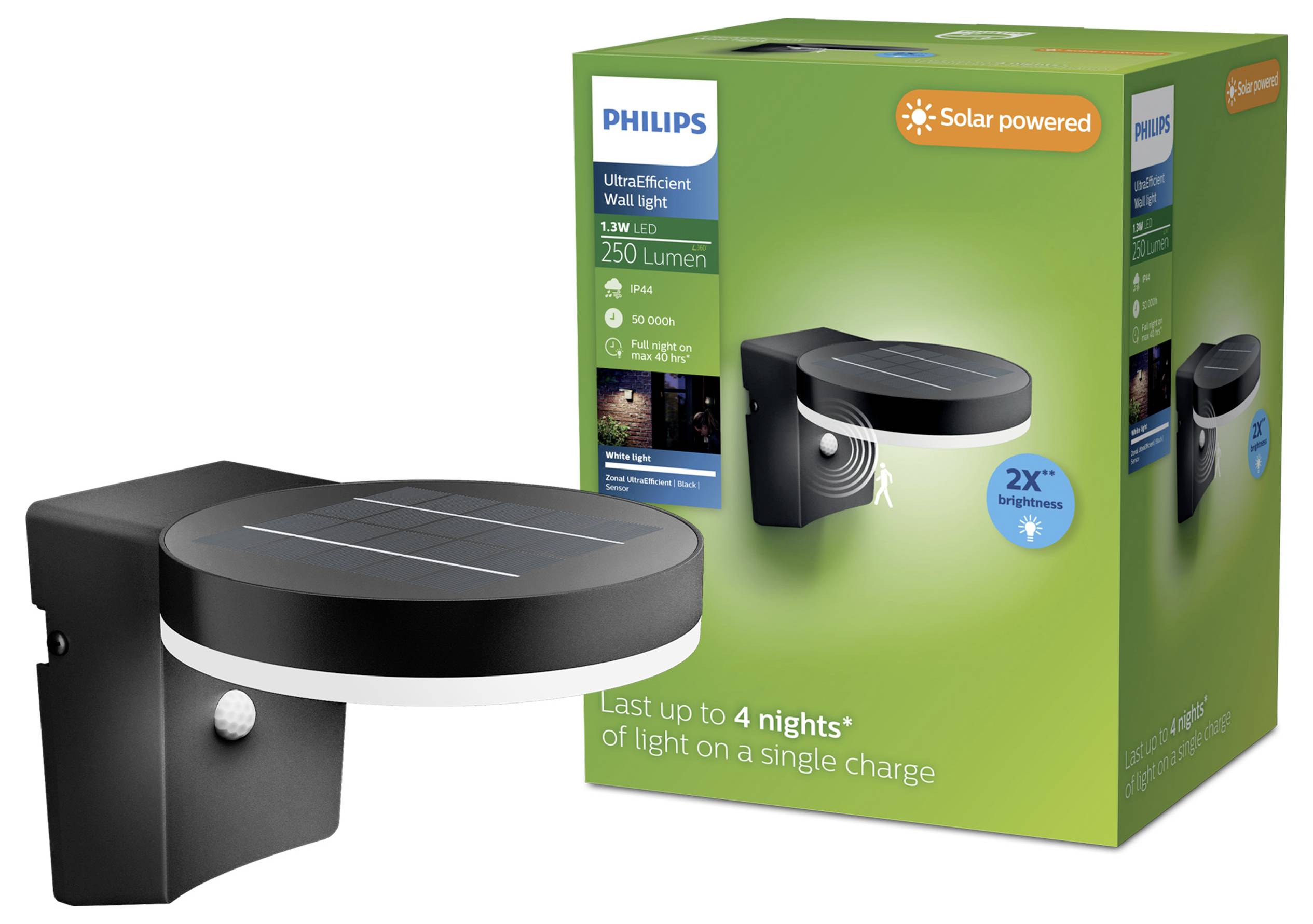 Luce da parete a LED alimentata ad energia solare Philips mostrata accanto alla sua scatola di prodotto verde, etichettata con 250 lumen e fino a 4 notti di luce con una singola carica.