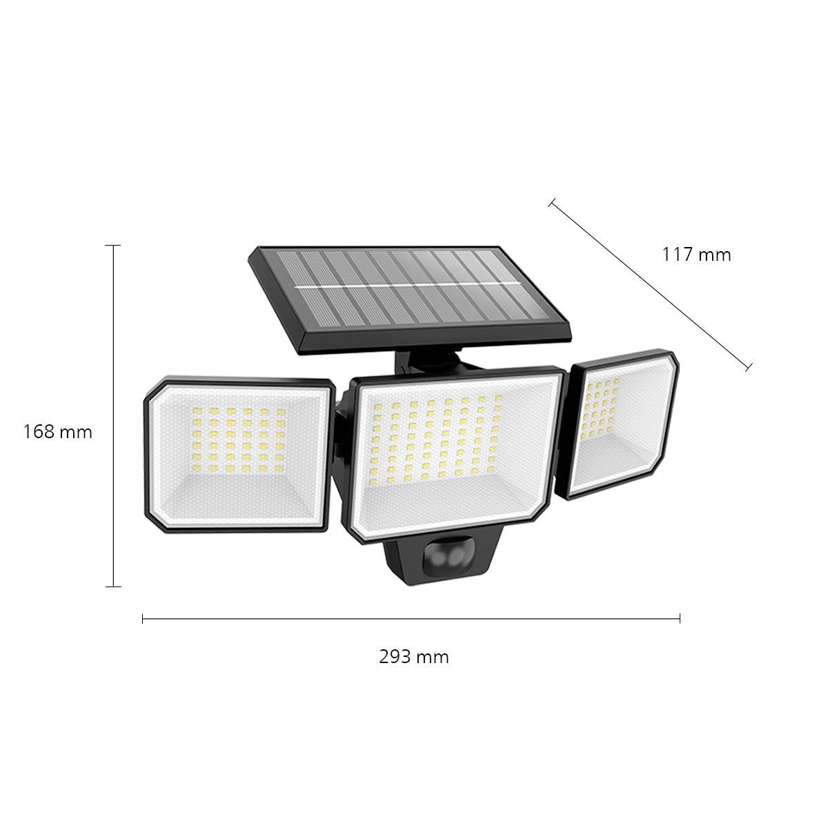'Lampada solare con tre pannelli LED, dimensioni totali: 293 mm di larghezza, 168 mm di altezza, 117 mm di profondità, mostra il pannello solare in alto.'