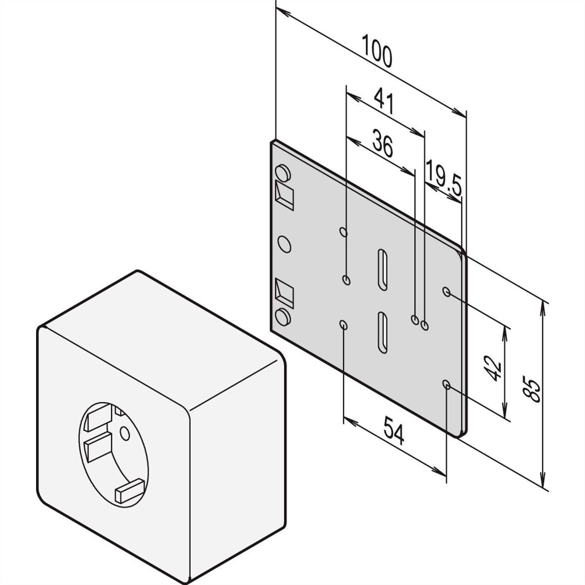 Disegno tecnico di un kit di montaggio a parete con dimensioni: 100 mm di lunghezza, 54 mm di larghezza, 85 mm di altezza. Mostra supporto e base.