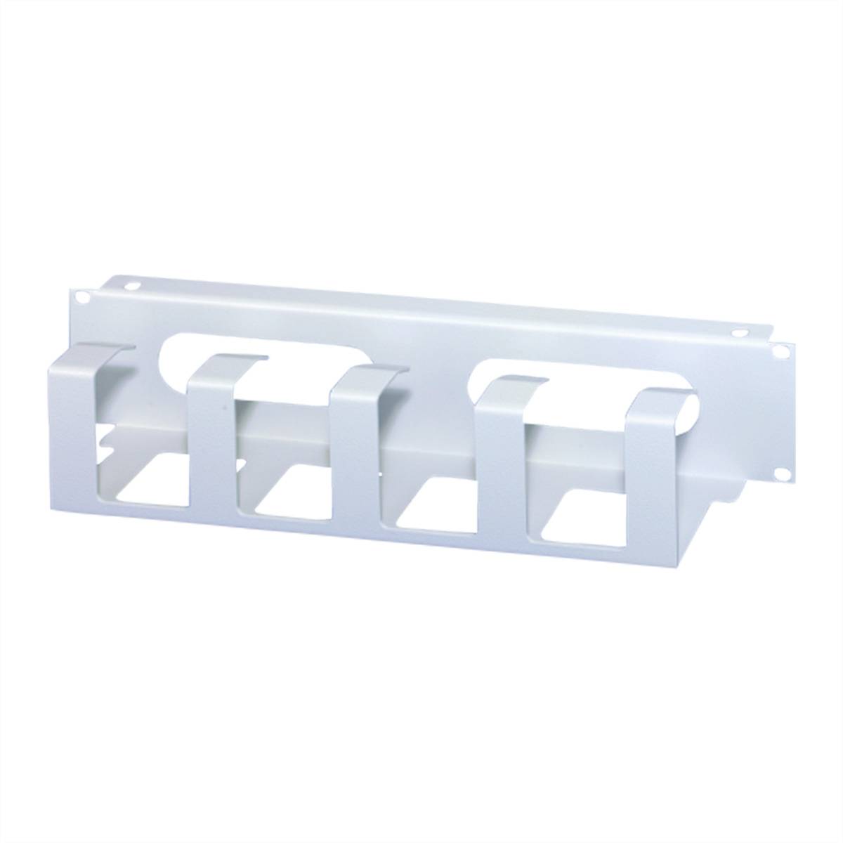 Un pannello di gestione cavi bianco con ganci per la sistemazione ordinata e l'organizzazione dei cavi in un rack o armadio.