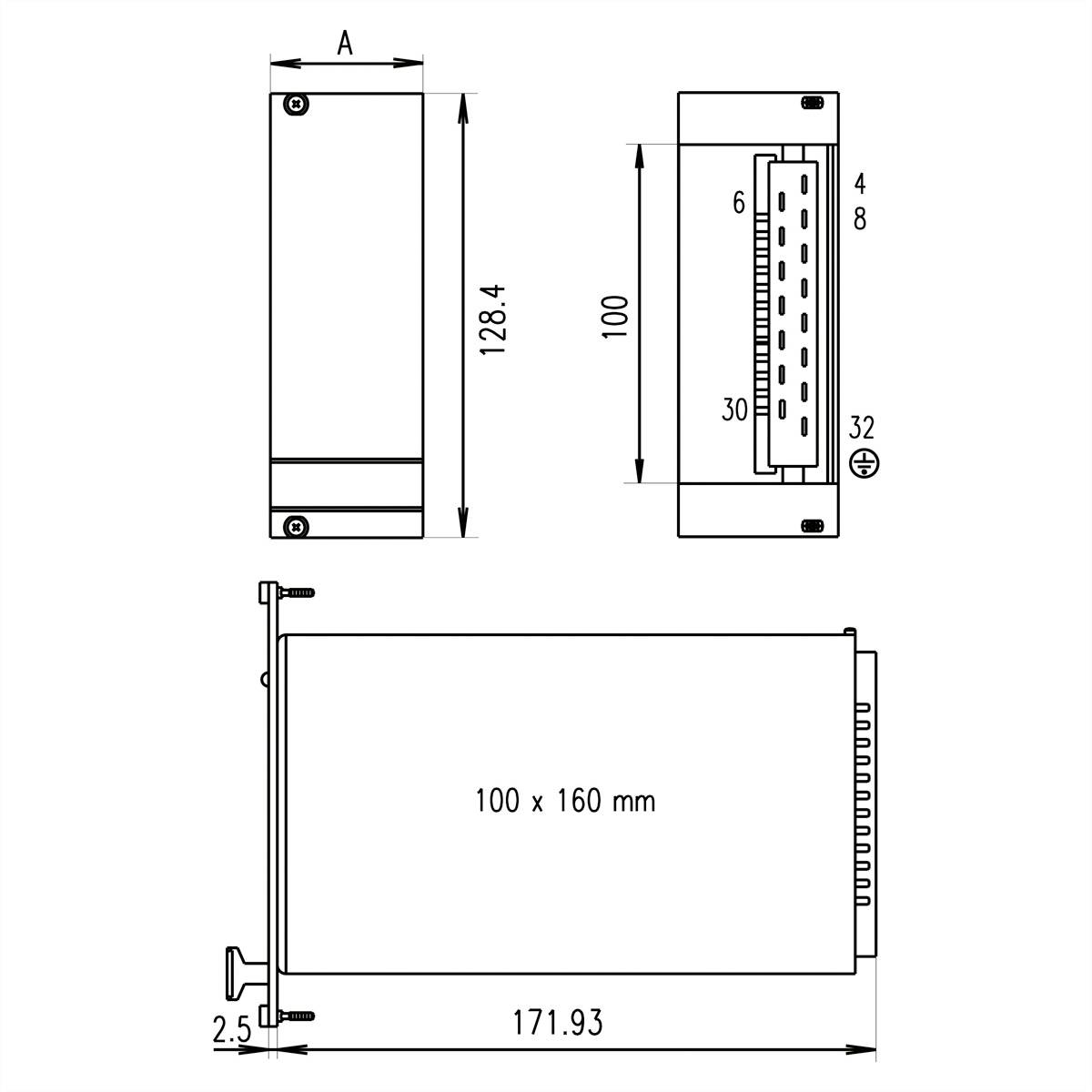 Diagramma di un componente tecnico rettangolare con dimensioni specifiche: altezza 128,4, larghezza 100, profondità 32 mm. Mostra le barre di connessione.