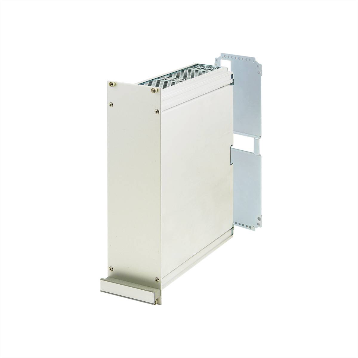 Un involucro metallico di forma rettangolare con fessure di ventilazione laterali. Adatto per l'alloggiamento di componenti elettronici.