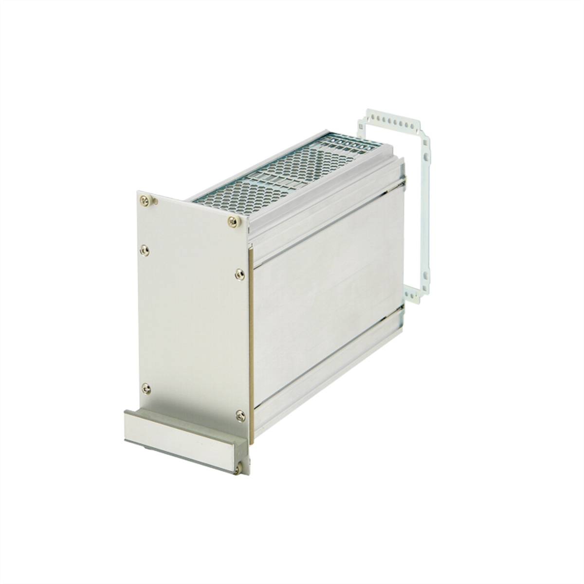 Un supporto elettronico per componenti in argento con copertura a griglia e staffe di fissaggio, dal design minimalista.
