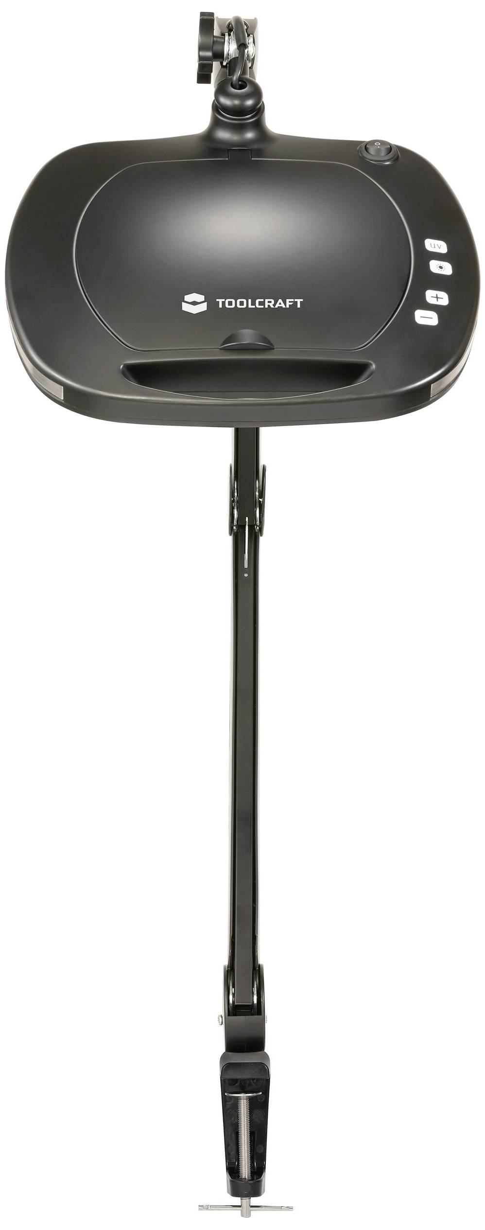 Una luce a LED ingrandente nera TOOLCRAFT con braccio regolabile e morsetto da tavolo, adatta per compiti di lavoro di precisione.