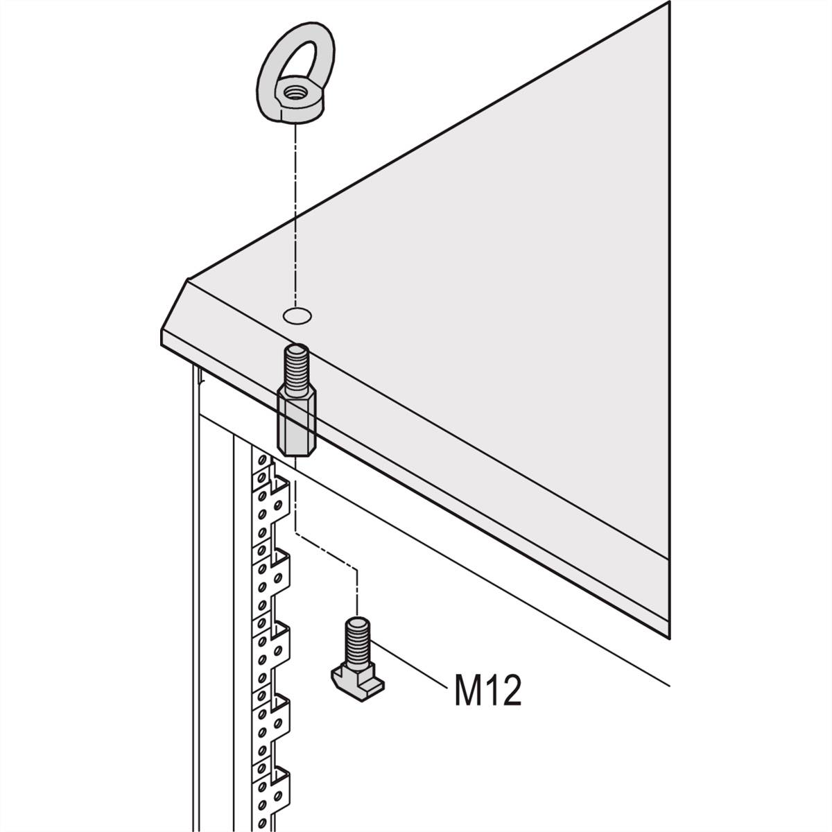 Un diagramma mostra il montaggio di un bullone di fissaggio M12 su una piastra metallica, illustrando il posizionamento e i componenti di connessione.