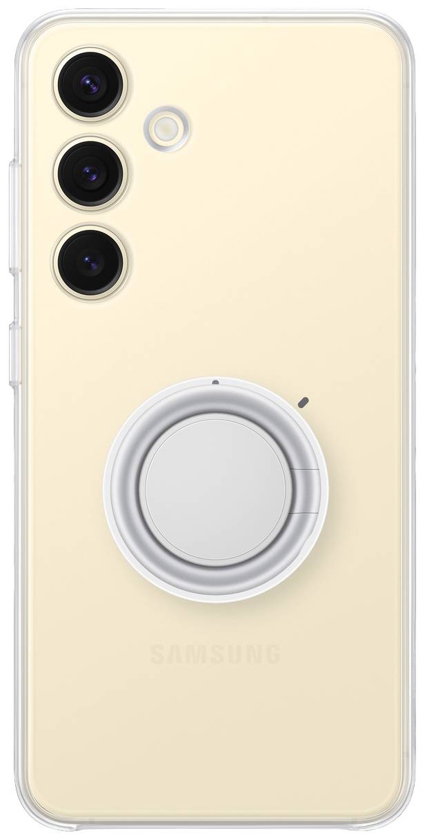 Retro di uno smartphone in beige con tre obiettivi fotografici e una maniglia centrale rotonda per una presa migliore.