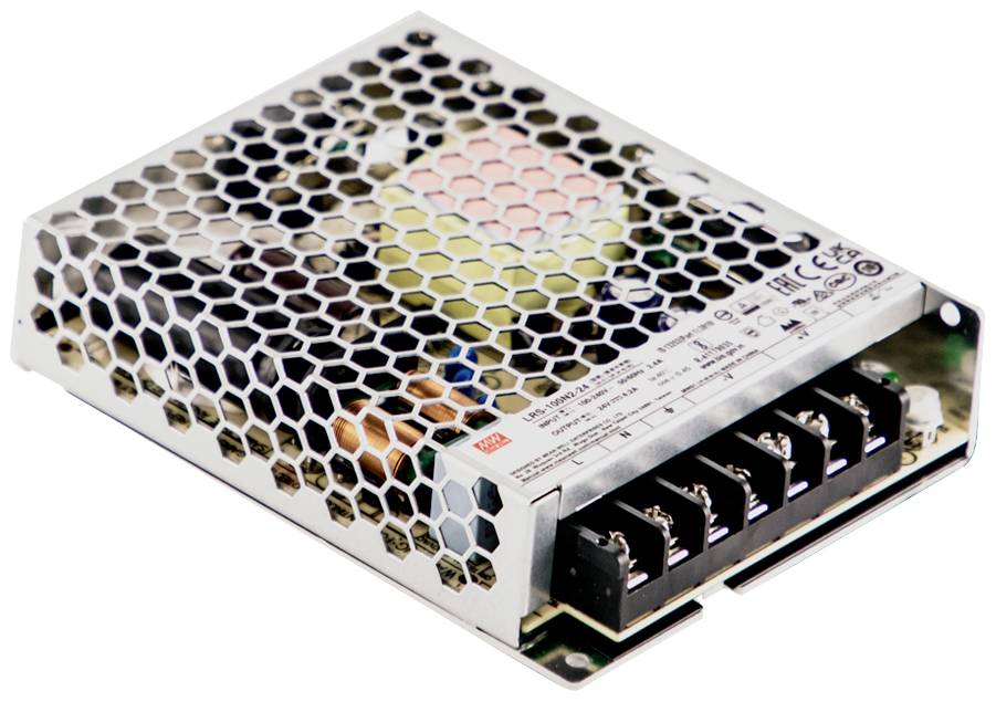 Unità di alimentazione elettrica con griglia di ventilazione e morsettiera, numero di modello e specifiche tecniche visibili.