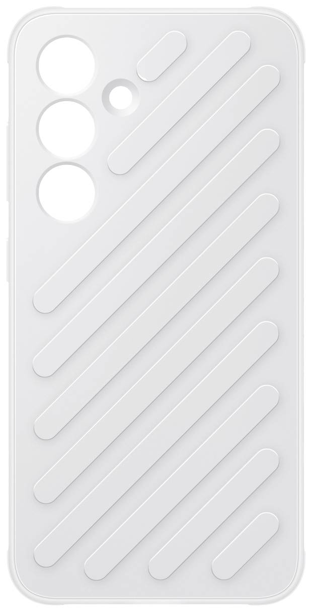 Cover bianco per smartphone con strisce diagonali e quattro tagli per fotocamera e flash.