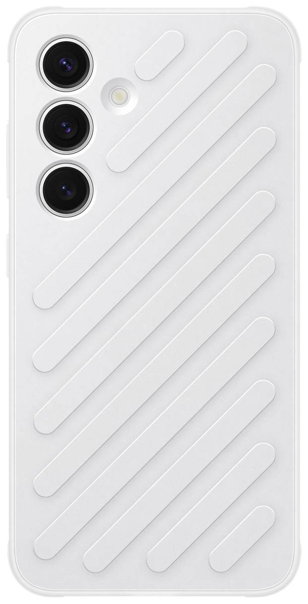 Un smartphone bianco con scanalature diagonali sul retro e tre fotocamere disposte in una fila verticale.