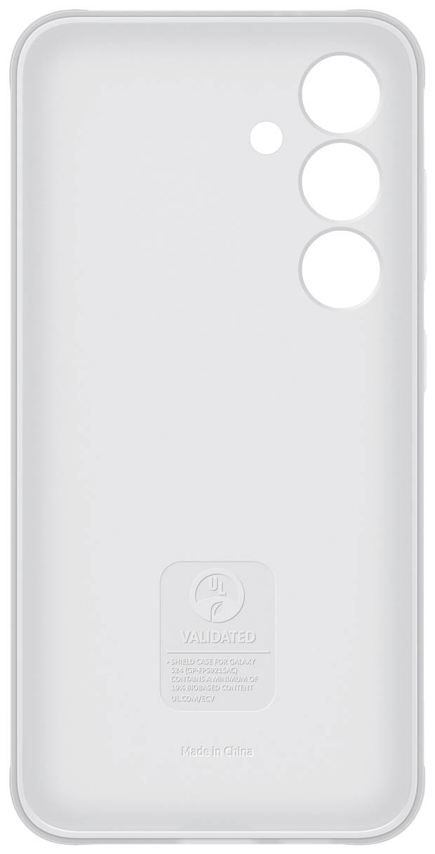 Custodia trasparente per cellulare con tre fori per fotocamere e marchio di certificazione UL.