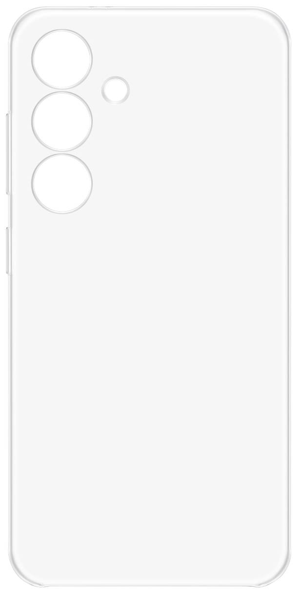 Vista posteriore di una custodia trasparente per cellulare con tre grandi fori per le fotocamere e un piccolo foro per il flash in alto a sinistra.